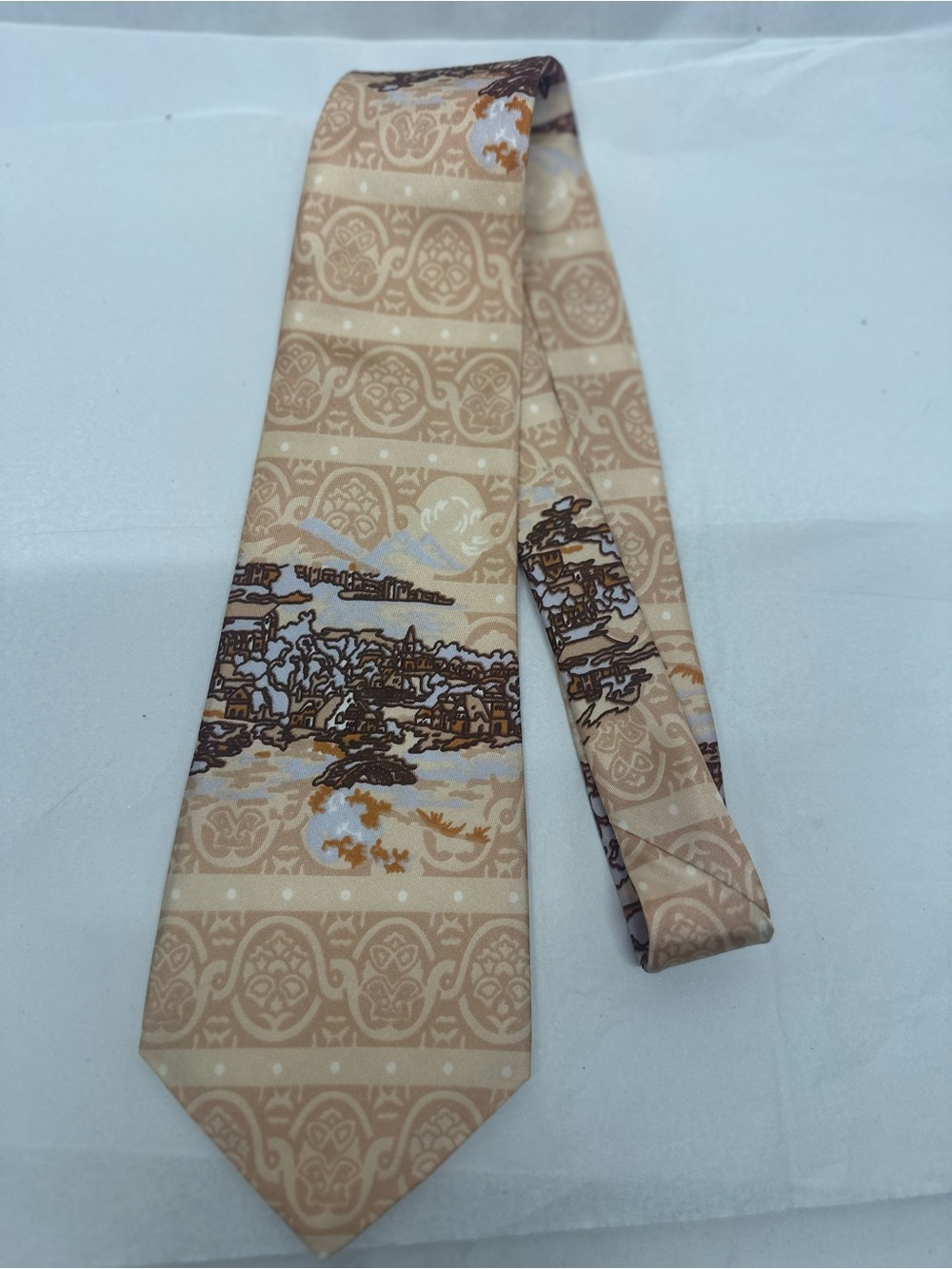 Vintage 1970s Wembley Cream Orange Coastal European Village Scene Neck Tie.